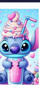 Cartoon creature enjoying a pink milkshake with hearts.