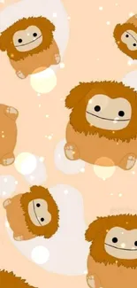 Cute fluffy cartoon creatures on peach background wallpaper.