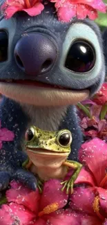 Cute cartoon creature holding a frog amidst pink flowers.