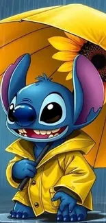 Stitch holding a yellow umbrella with a sunflower.