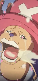 Cartoon character with a pink hat crying in a cute animation scene.