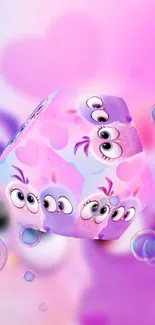 Cute cartoon cube with colorful bubbles on pink background.