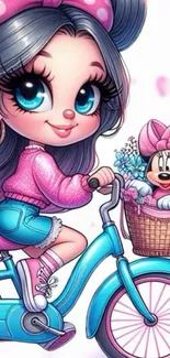 Cartoon girl cycling with flowers and companion, vibrant mobile wallpaper.