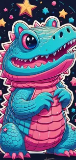 Cute cartoon dinosaur with stars and bright colors on a dark background.