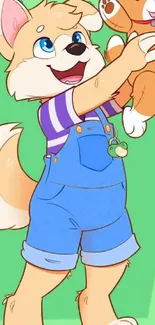 Cute cartoon dog with toy and overalls.