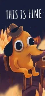 Cartoon dog calmly sitting with a cup, surrounded by illustrated flames.