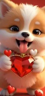 Cute cartoon dog holding a red heart.