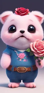 Cute cartoon dog holding a pink rose, wearing a blue outfit, on a soft gradient background.