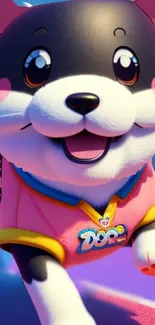 Cute cartoon dog in a pink outfit with colorful background.