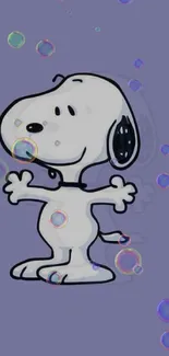 Cute cartoon dog with bubbles on a purple background.