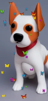 Cartoon puppy with orange patches and playful stance on a gray background.