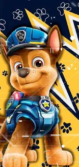 Cartoon dog in a blue uniform with paw prints on a yellow background.