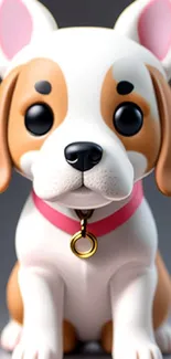 Cute cartoon dog with pink collar and big eyes on a gray background.