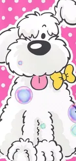 Fluffy cartoon dog with a pink polka dot background.