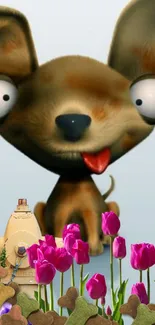 Cute cartoon dog with tulips on wallpaper.