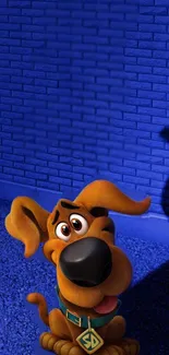 Adorable cartoon dog with vivid blue wall background.