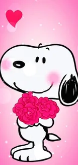 Cute cartoon dog holding flowers on pink background.