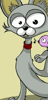 Cartoon grey dog with a purple bird.