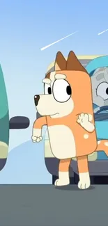 Cartoon dog standing playfully on the street.