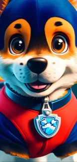 Cute cartoon dog in blue and red outfit.