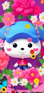 Cartoon dog with blue cap surrounded by colorful flowers.