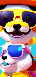 Cute cartoon dogs wearing colorful sunglasses with a sky blue background.