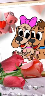 Cartoon dogs with pink roses create a charming phone wallpaper.