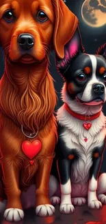 Cute cartoon dogs with heart collars in a colorful night scene.