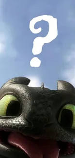 Cute cartoon dragon under a bright blue sky with a question mark cloud.