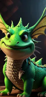 Cute green cartoon dragon with lights, perfect for a fantasy wallpaper.