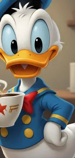 Cartoon duck character with coffee cup.