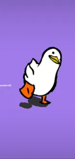 Cute cartoon duck with orange feet on purple background wallpaper.