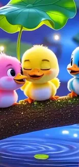 Three cute cartoon ducklings on a branch.