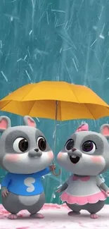 Cute cartoon animals share an umbrella in the rain.