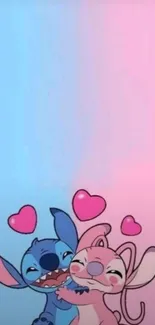 Cute cartoon duo hugging with hearts on pastel background.