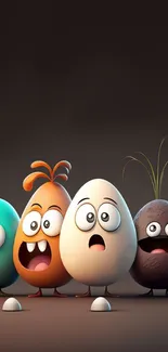 Five colorful cartoon eggs with fun expressions on a dark background.