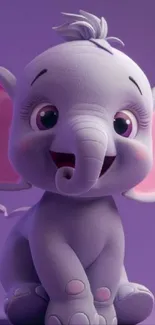 Cute cartoon elephant on purple background.