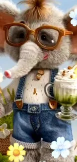 Cartoon elephant with glasses holding a drink, surrounded by flowers.