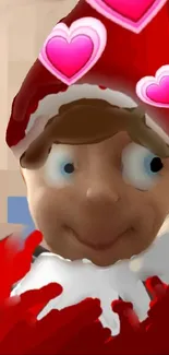 Cartoon elf with pink hearts and festive red hat.