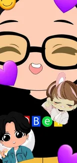 Cute cartoon mobile wallpaper with emojis and purple hearts.