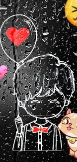 Cute cartoon wallpaper with heart balloon and emojis.