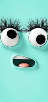 Turquoise cartoon face wallpaper with large eyes.