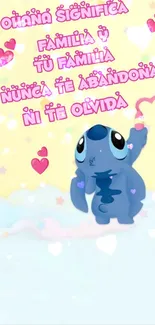 Cute blue cartoon character with family-themed message and hearts.