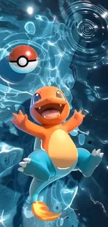 Cute cartoon character floating in water with reflections.