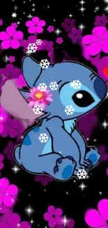 Cute blue cartoon with pink flowers and snowflakes.