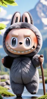 Cute cartoon character in forest setting holding a stick.