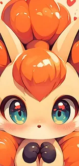 Cute anime-inspired orange fox with big eyes and fluffy tail.