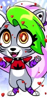 Cute cartoon fox with green hair and animated hearts background.