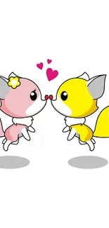 Cute pink and yellow cartoon foxes with hearts, perfect for mobile wallpaper.