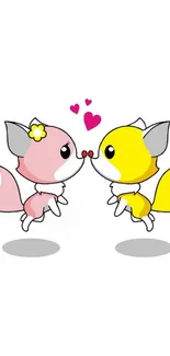 Adorable cartoon foxes in love with hearts on a mobile wallpaper.